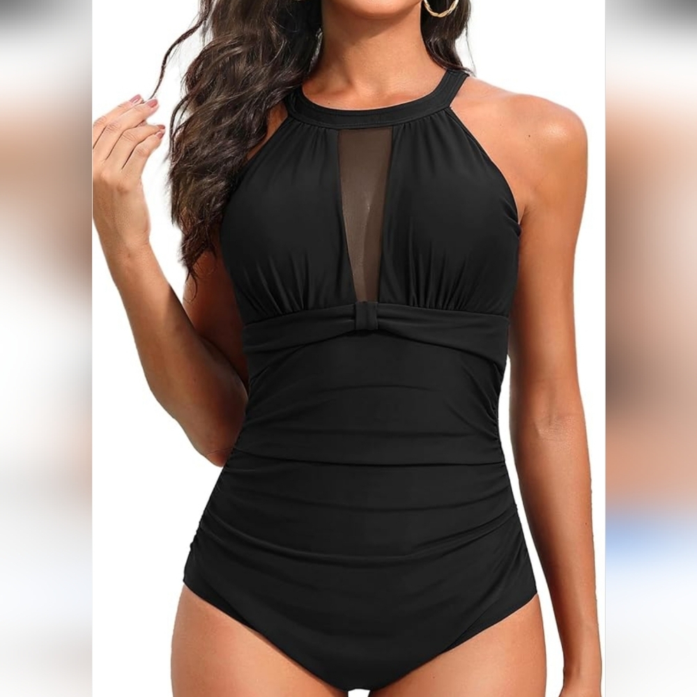 Black Swimsuit Tummy Control High New With Mesh Size 20W